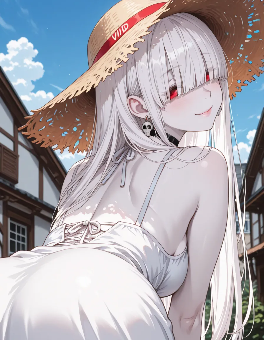 ((solo)), from behind, looking at viewer, bent forward, albino white skin, maximum masterpiece, maximum top quality, high fashion, absurdres extremely, close up, HDR, intricate details, very cute face, vivid colors, commentary, curvy beauty body, very beau...