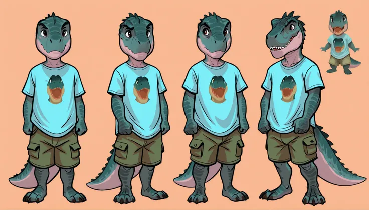 Anthro T-rex, dinosaur, scale, reptile, male, young, toddler, small, short, cub, thick tail, cute, t-shirt, cargo shorts, claws, teeth, simple design, clean design, minimalistic design, character design, character concept art, multiple views, shy, (by dram...