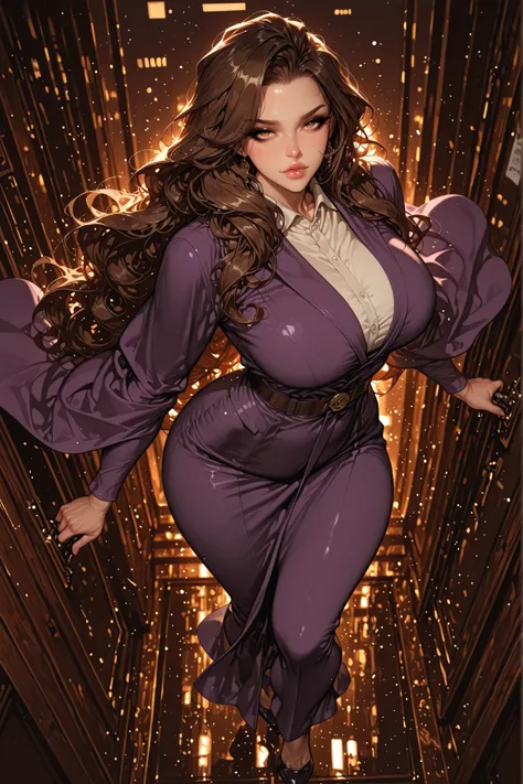 adult female, big breasts, mature women, mature woman, 1girl, pinklips,calm gaze, golden-brown eyes, black eyeliner, brown hair, purple robes, big breasts, toned body, very long hair, slightly curly hair, looking at viewer,full body, business office backgr...
