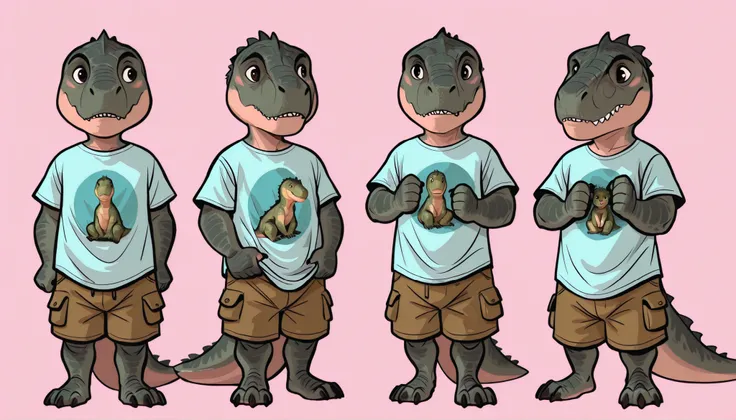 Anthro T-rex, dinosaur, scale, reptile, male, young, toddler, small, short, cub, thick tail, cute, t-shirt, cargo shorts, claws, teeth, simple design, clean design, minimalistic design, character design, character concept art, multiple views, shy, (by dram...
