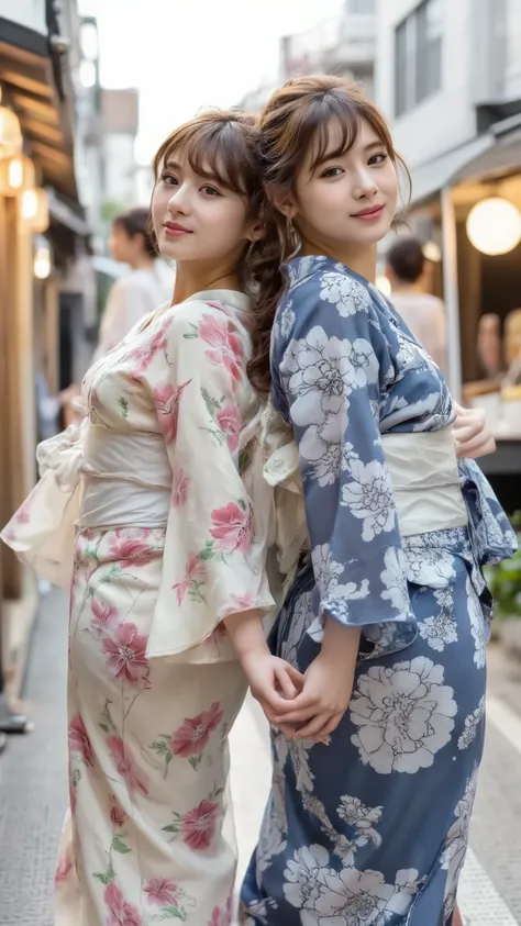  A photorealistic image in the style of a travel agency poster. Two 17-year-old Japanese girls, close friends, are walking away from the camera at a vibrant Japanese summer festival. One wears a white yukata with soft pink floral patterns and a vivid red o...