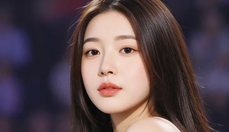 a shoulder-up candid photo of a 20-year-old Korean woman on a real concert stage, photographed with a DSLR, natural lighting, detailed skin texture, soft background blur, minimal or stage makeup, unique facial features, ultra photorealistic, not digital ar...