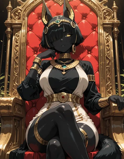 ((solo)), cowboy shot, black skin, maximum masterpiece, maximum top quality, high fashion, absurdres extremely, close up, HDR, intricate details, very cute face, vivid colors, commentary, curvy beauty body, very beautiful jackal female, short hair, asymmet...