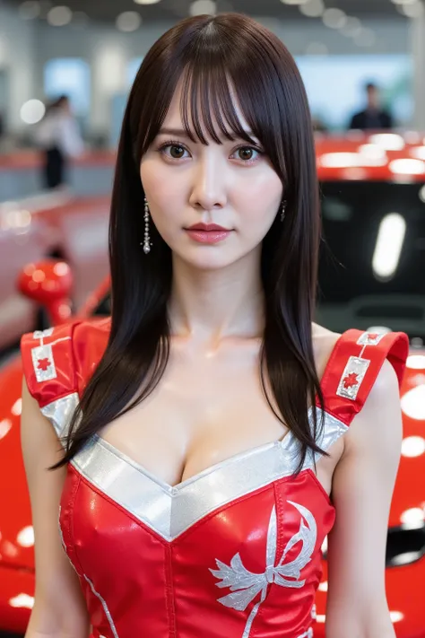 This photo shows a cute Japanese woman, pale skin, realistic skin, race queen costume,  
The image is of very high quality, with clear skin texture.
The focus is on her face.
The focus is very sharp. ultra detailed, 
thin waist.
Her whole body is in the pi...