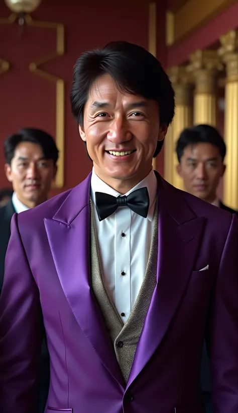 Jackie Chan hyper realistic in a purple and gray tuxedo Chinese government palace background in high quality with some security around, Upper body only