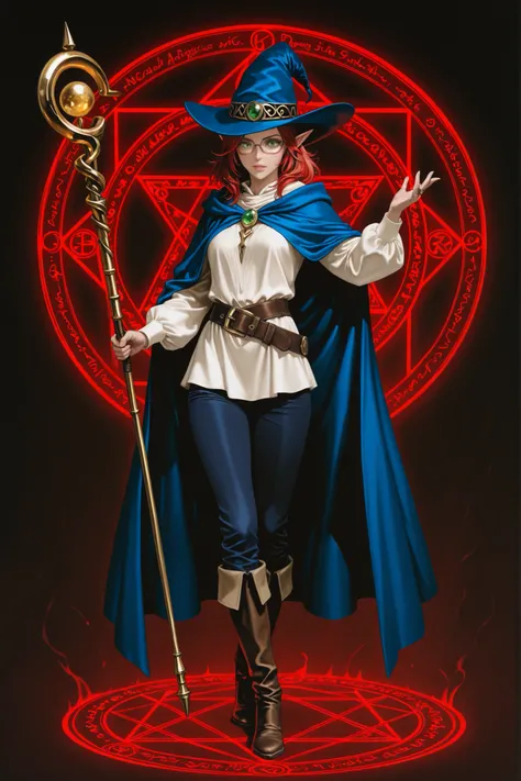 A character reference concept art in a realistic high contrast lighting with dark retro atmosphere style in a frontale view full body shot standing in A-pose with simple dark background. The character is a female elf mage, small short curvy body shape, med...