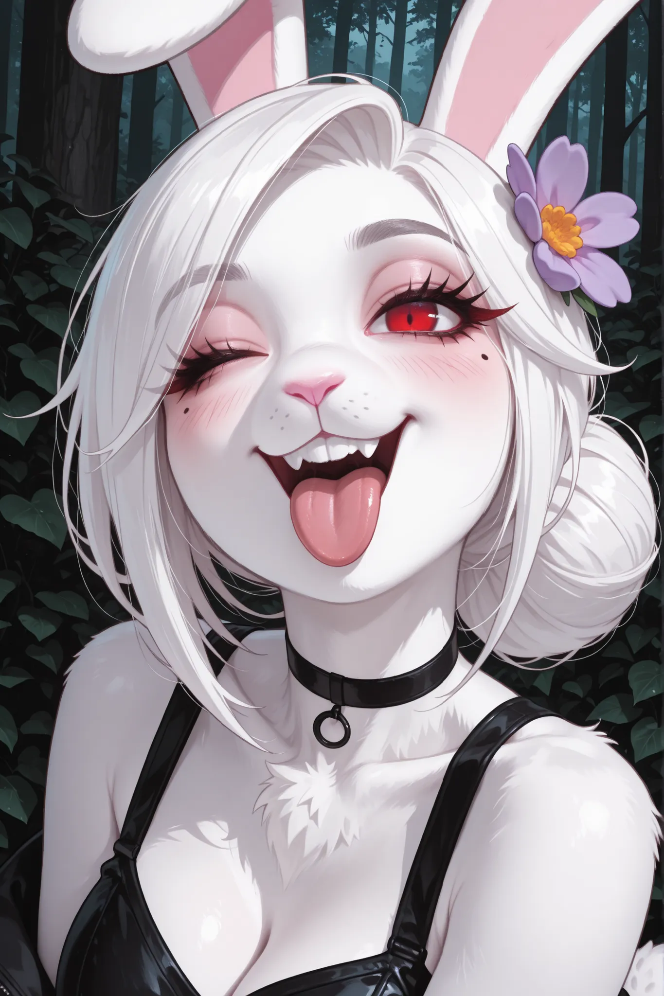 masterpiece, best quality,
outdoors,
 upper body,headshot,evil smile,parted lips,long eyelashes,tongue out,black choker,one eye closed,head tilt,mole under eye, blush,

C4rr0ts,1girl,solo,furry female,rabbit girl,rabbit ears,red eyes,white hair,body fur,wh...