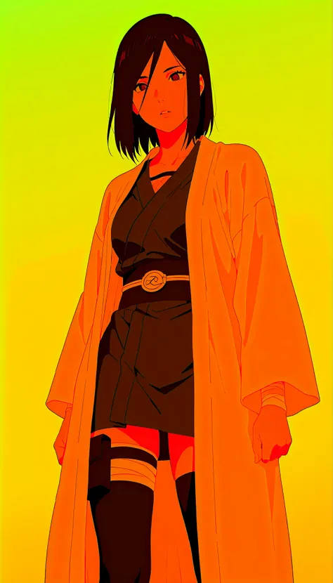 (((IZUMI NASE)))) walking confidently through a war field. The art style should closely match that of Naruto or similar shounen anime, with clean linework and soft shading. ((Solo)), ((white haori)), with layered leg accessories (bandages, thigh pouch, dar...