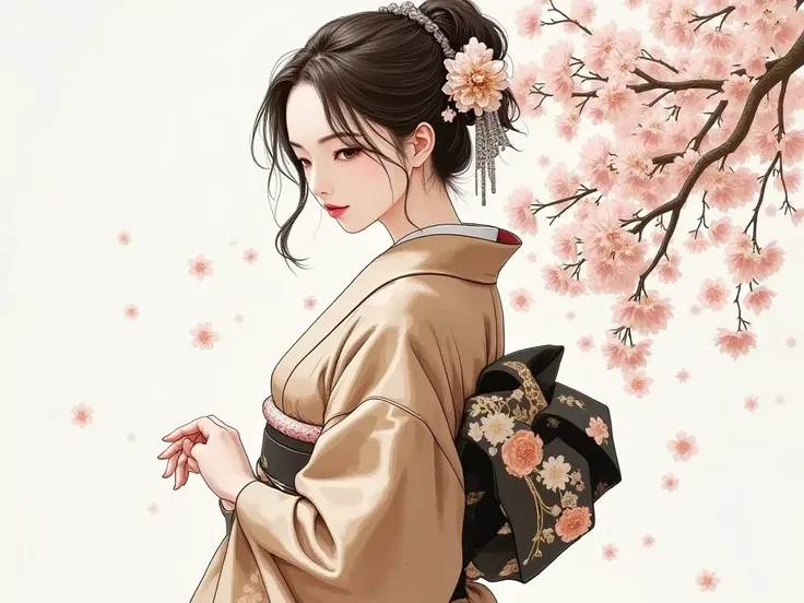   pop art、 digital artwork 、drawing with brown ink on white paper、 Japanese kimono、 white and brown brush strokes 、 melancholy expression、upper body、Thin incline、Highly detailed and dynamic、Express shadows with precise lines 、Delicate and accurate expression、Cherry blossoms are dancing in the background、modern art、Stroke Style, dark sepia filter