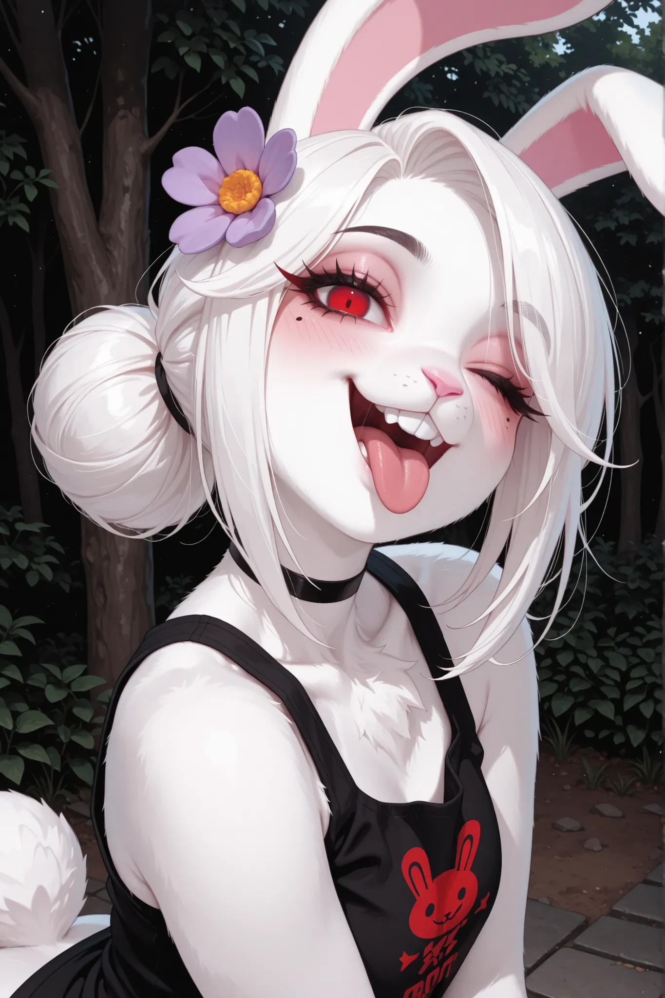 masterpiece, best quality,
outdoors,
 upper body,headshot,evil smile,parted lips,long eyelashes,tongue out,black choker,one eye closed,head tilt,mole under eye, blush,

C4rr0ts,1girl,solo,furry female,rabbit girl,rabbit ears,red eyes,white hair,body fur,wh...