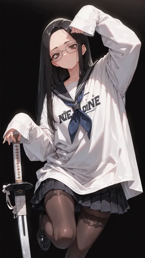 ,,JK,oversized shirt,Shelley Gee, (masterpiece, top quality, High selection accuracy: 1.2), , Alone, (masterpiece, best quality:1.2), Bartolomeo Bari , Kiyomi , (1girl, solo), (Long Black Hair, straight hair, Quota), brown eyes, (Serofu, lace fabricセーラー服...