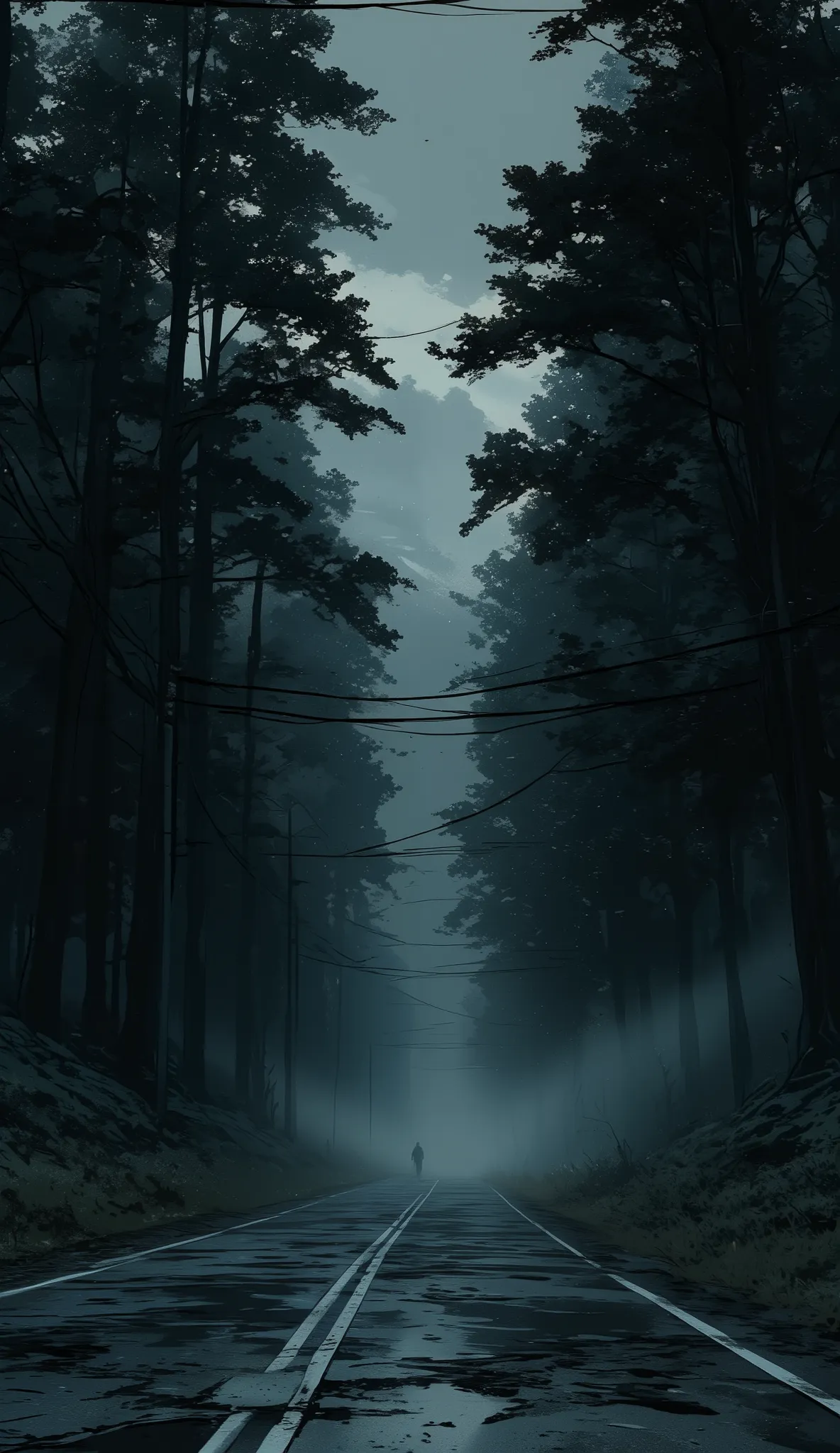 The image depicts a dark, moody forest scene with a road running through it. The road is wet, possibly from recent rain, and has white lane markings. On either side of the road, there are tall trees with dense foliage, creating a canopy that partially obsc...
