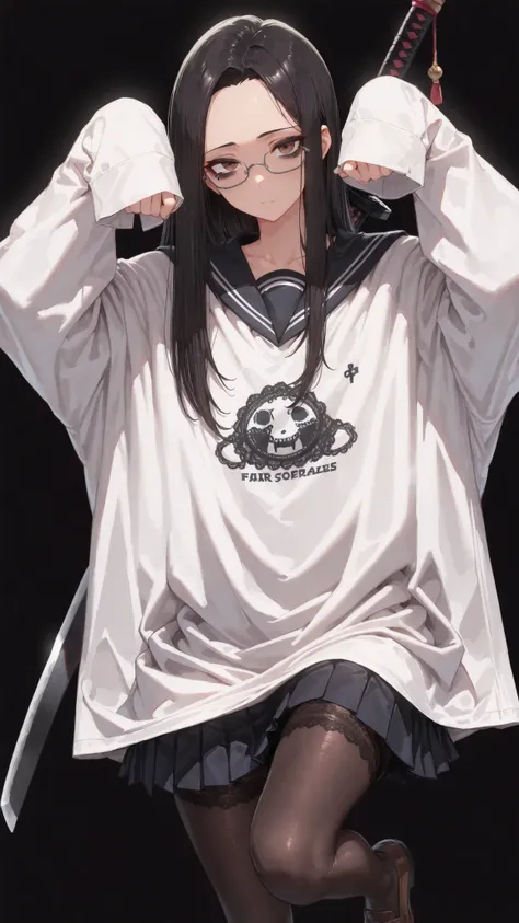,,JK,oversized shirt,Shelley Gee, (masterpiece, top quality, High selection accuracy: 1.2), , Alone, (masterpiece, best quality:1.2), Bartolomeo Bari , Kiyomi , (1girl, solo), (Long Black Hair, straight hair, Quota), brown eyes, (Serofu, lace fabricセーラー服...