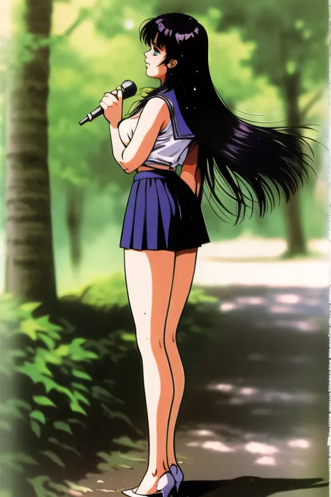 can you draw a front view,Can you draw a woman singing with a microphone、 Wet 乳首が透けて見える鋭い笑顔の女性、can you draw a woman in a summer sailor suit,they are wearing pleated skirts,white panties,skirt that flutters in the wind,teacher's house with a cane,Forest bat...