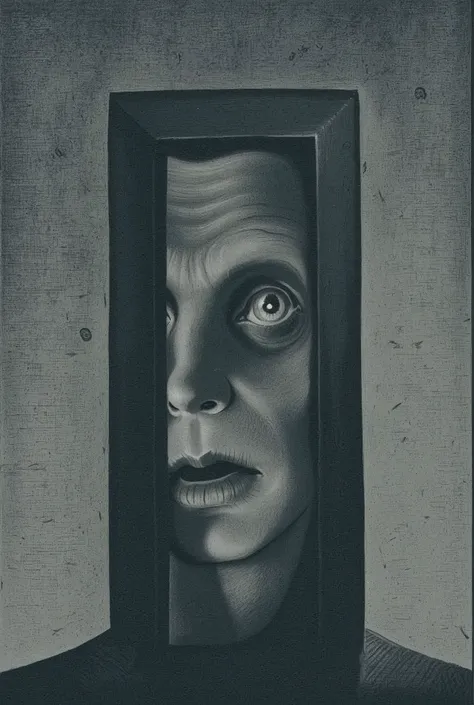 face close up,Klaus Nomi,peeking through the door,indoor,simple room background,Japanese horror style,feel scared,doom,Depressive Black,realistic image,