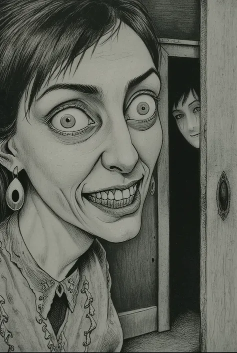 face close up,woman,crazy grin,Blackened Teeth,A smile peeking through the door,indoor,simple room background,Japanese horror style,feel scared,doom,Depressive Black,
