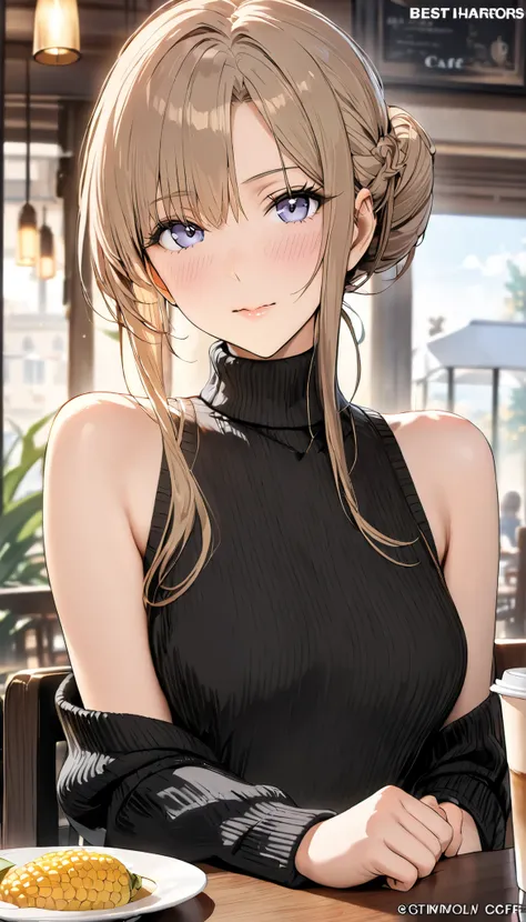 (((masterpiece))),hi-res,very high resolution,(((best quality))),official art,<Lola:addition_detail>,perfect lighting,watching viewers,View across the table,cafe,
1girl,Hamjarvis,Hair on one eye,corn hair bun,sweater,(turtleneck sweater:1.2),Sleeveless Tur...