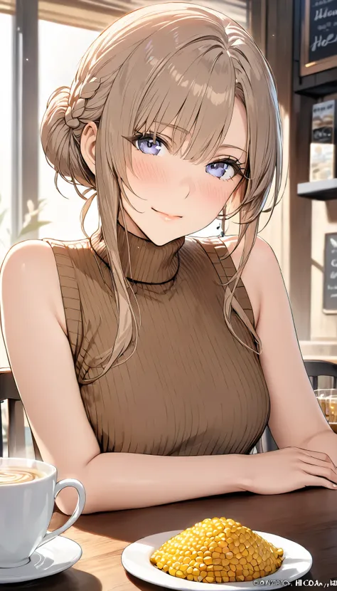 (((masterpiece))),hi-res,very high resolution,(((best quality))),official art,<Lola:addition_detail>,perfect lighting,watching viewers,View across the table,cafe,
1girl,Hamjarvis,Hair on one eye,corn hair bun,sweater,(turtleneck sweater:1.2),Sleeveless Tur...