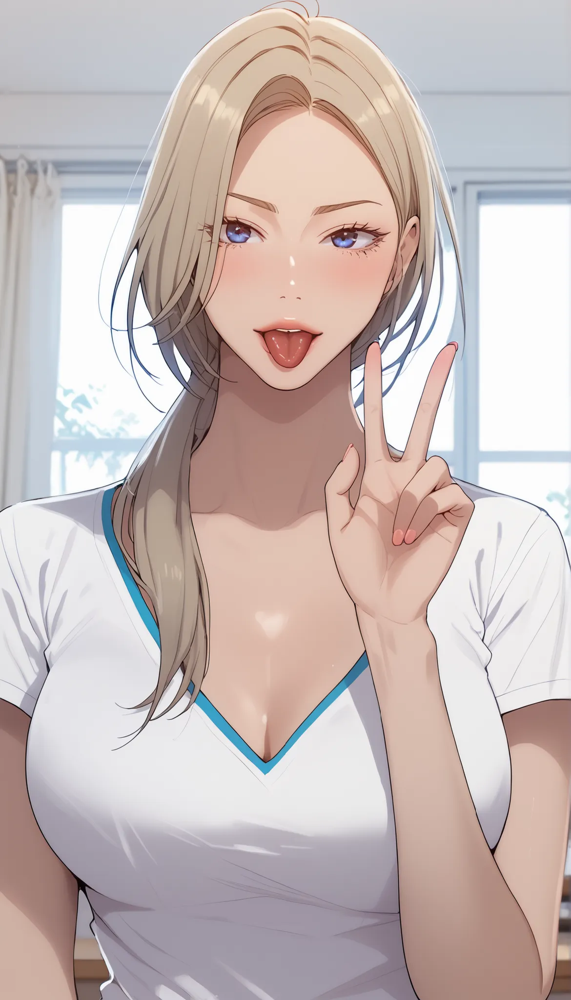 Masterpiece, Best Quality, high quality, high resolution, high detail look in front of the camera, precise, Intricate Detail, 1Girls, alone, , Chamey , blonde, long hair, low ponytail, White T-Shirt, grooved, looks at the audience, Tongue Protrusion, Doubl...