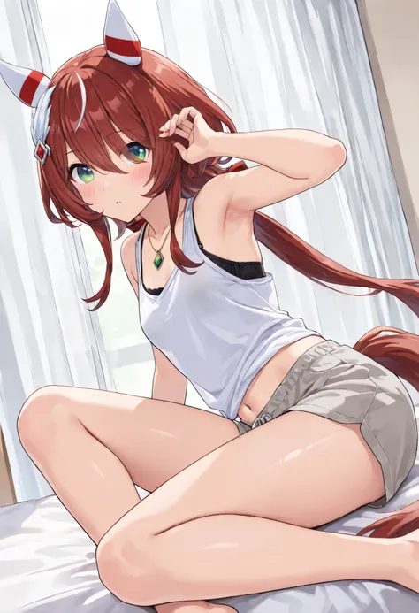 (masterpiece, best quality, perfect face:1.4), wide angle, win variation \(umamusume\), 1girl, feather hair ornament, two-tone ear covers, horse ears, horse tail, tail on the lower back, proportional body, proportional,1 girl, beautiful hair, beautiful fac...