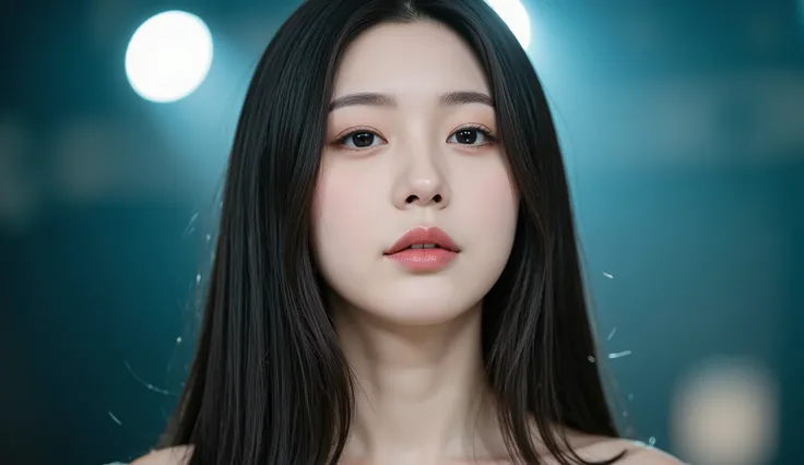 a shoulder-up candid photo of a 20-year-old Korean woman on a real concert stage, photographed with a DSLR, natural lighting, detailed skin texture, soft background blur, minimal or stage makeup, unique facial features, ultra photorealistic, not digital ar...