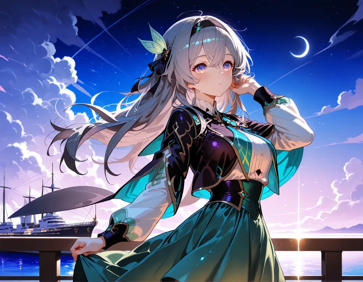 high quality, masterpiece, detailed, 8K, beautiful lighting, five fingers, anime style, vibrant colors, A fantastical, fleeting blue-purple night sky, with a crescent moon and stars shining in the sky. A girl is standing at the top of the deck of a flying ...