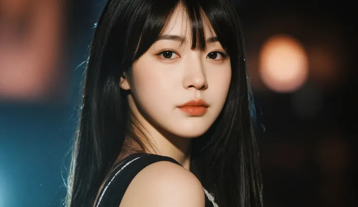 a shoulder-up candid photo of a 20-year-old Korean woman on a real concert stage, photographed with a DSLR, natural lighting, detailed skin texture, soft background blur, minimal or stage makeup, unique facial features, ultra photorealistic, not digital ar...