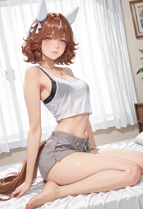 (masterpiece, best quality, perfect face:1.4), wide angle, haiseiko \(umamusume\), 1girl, brown hair, orange eyes, white ear covers, horse ears, white ear ornament, horse tail, tail on the lower back, proportional body, proportional,1 girl, beautiful hair,...