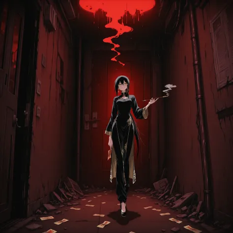 masterpiece, best quality, amazing quality, very aesthetic, foreshortening, 1 girl, teenage, taoist, wearing black and gold cheongsam, black long pants, very long sleeves, have black hair, long bangs, low ponytail, extremely long ponytail, narrowed eyes, y...