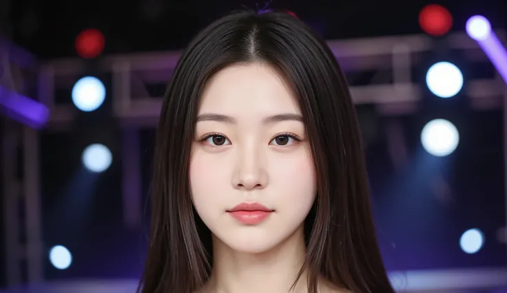 a shoulder-up candid photo of a 20-year-old Korean woman on a real concert stage, photographed with a DSLR, natural lighting, detailed skin texture, soft background blur, minimal or stage makeup, unique facial features, ultra photorealistic, not digital ar...