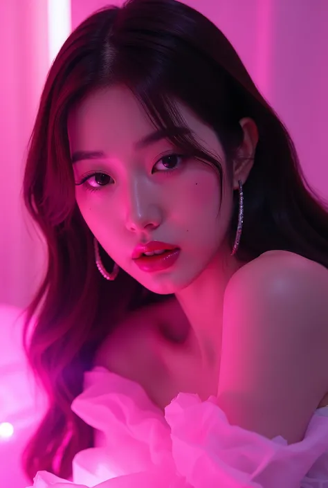 korean woman with pink makeup posing in bed, glowing pink face, soft portrait shot 8 k, glowing magenta face, glowing with colored light, sexy girl, glowwave girl portrait, magenta lighting. fantasy, glowing neon skin, color photograph portrait 4k, 8 k sen...