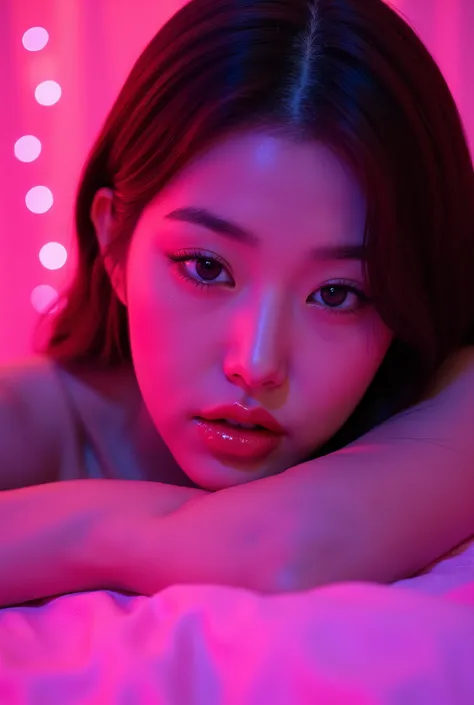 korean woman with pink makeup posing in bed, glowing pink face, soft portrait shot 8 k, glowing magenta face, glowing with colored light, sexy girl, glowwave girl portrait, magenta lighting. fantasy, glowing neon skin, color photograph portrait 4k, 8 k sen...