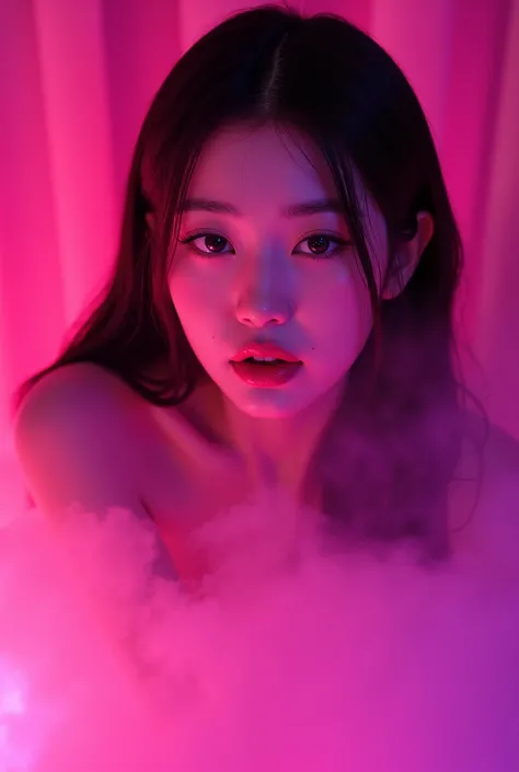 korean woman with pink makeup posing in bed, glowing pink face, soft portrait shot 8 k, glowing magenta face, glowing with colored light, sexy girl, glowwave girl portrait, magenta lighting. fantasy, glowing neon skin, color photograph portrait 4k, 8 k sen...