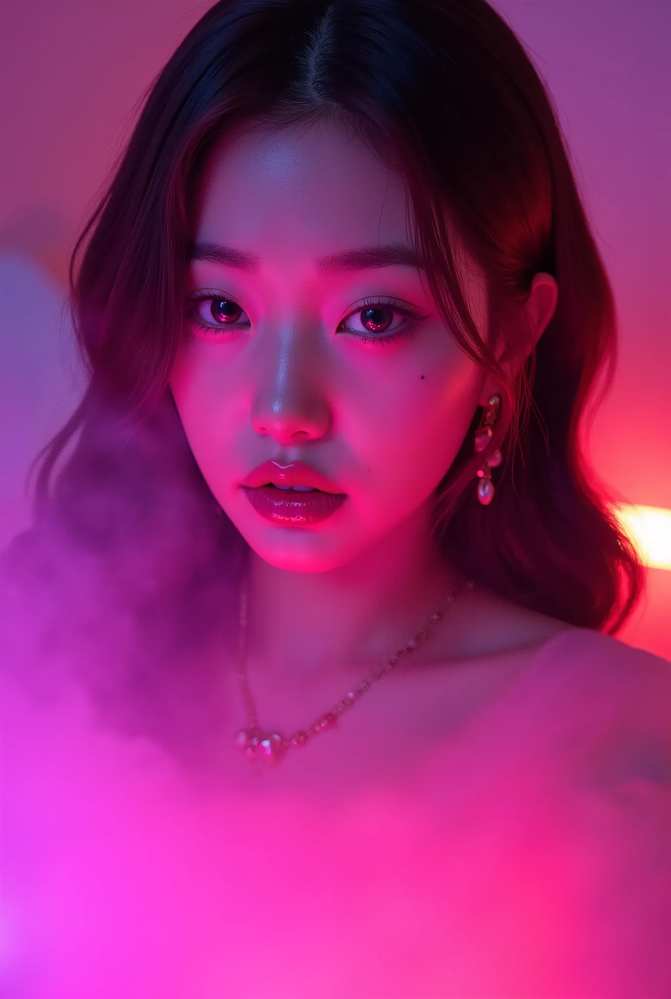 korean woman with pink makeup posing in bed, glowing pink face, soft portrait shot 8 k, glowing magenta face, glowing with colored light, sexy girl, glowwave girl portrait, magenta lighting. fantasy, glowing neon skin, color photograph portrait 4k, 8 k sen...