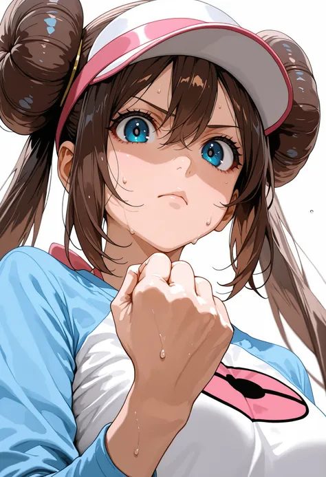 score_9, score_8_up, score_7_up, nh, clenched hand, upper body, serious, sweat, face focus, close up, from below, 1girl, solo, rosa, brown hair, double bun, doughnut hair bun, hair bun, blue eyes, hair between eyes, twintails, raglan sleeves, white shirt, ...