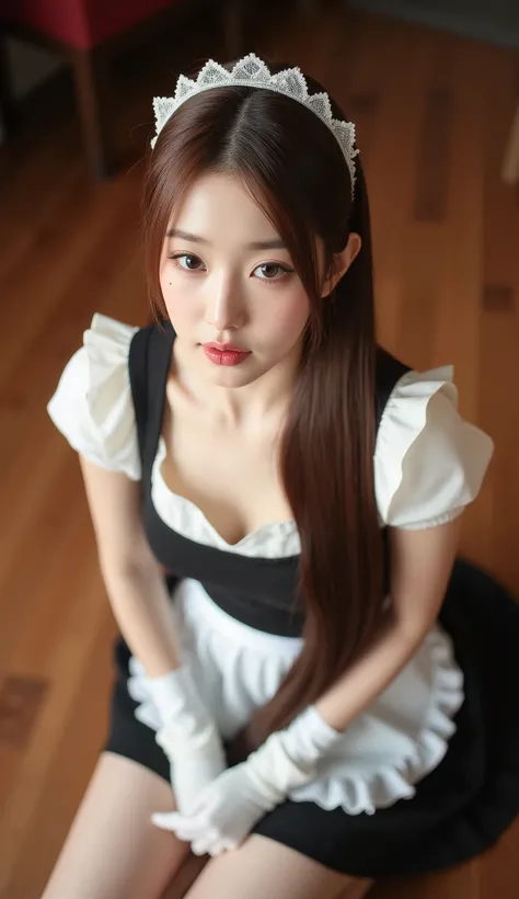 32k, Masterpiece, top quality, ( Korea's Beautiful Woman) High-angle, close-up view, long hair, maid outfit, white top, black bodice, short skirt, lace, kneeling, serene expression, eyes looking at camera, hands clasped, white gloves, wooden floor, warm...