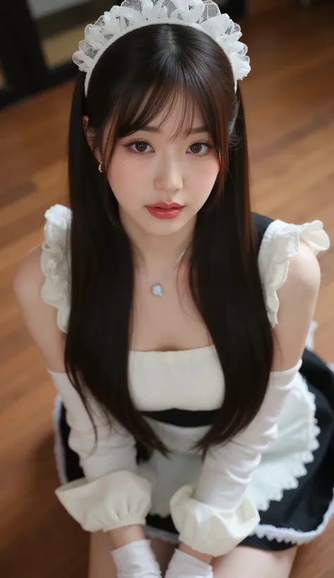 32k, Masterpiece, top quality, ( Korea's Beautiful Woman) High-angle, close-up view, long hair, maid outfit, white top, black bodice, short skirt, lace, kneeling, serene expression, eyes looking at camera, hands clasped, white gloves, wooden floor, warm...