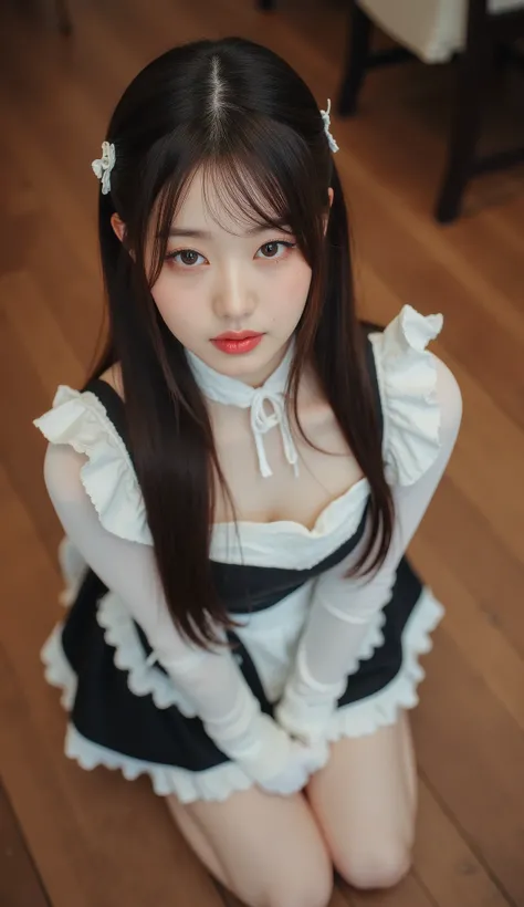 32k, Masterpiece, top quality, ( Korea's Beautiful Woman) High-angle, close-up view, long hair, maid outfit, white top, black bodice, short skirt, lace, kneeling, serene expression, eyes looking at camera, hands clasped, white gloves, wooden floor, warm...