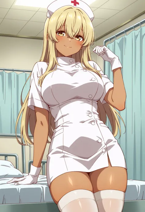 Score_9, score_8_up, score_7_up, source_anime, kana higa, solo, long hair, bangs, blonde hair, hair between eyes, yellow eyes, tanned skin, large breasts, (best quality), (high quality), {masterpiece}, extremely delicate and beautiful, ultra-detailed, beau...