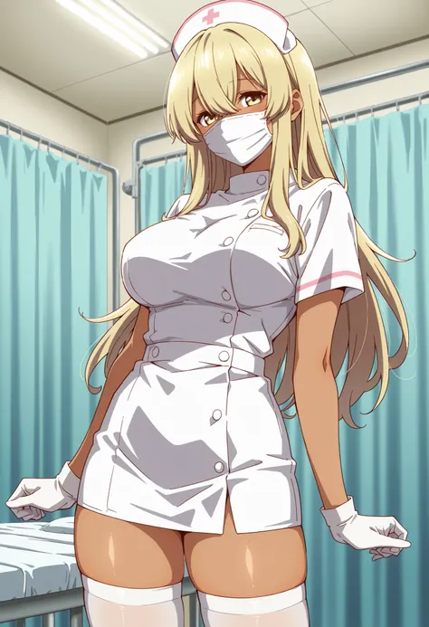 Score_9, score_8_up, score_7_up, source_anime, kana higa, solo, long hair, bangs, blonde hair, hair between eyes, yellow eyes, tanned skin, large breasts, (best quality), (high quality), {masterpiece}, extremely delicate and beautiful, ultra-detailed, beau...