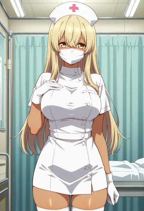 Score_9, score_8_up, score_7_up, source_anime, kana higa, solo, long hair, bangs, blonde hair, hair between eyes, yellow eyes, tanned skin, large breasts, (best quality), (high quality), {masterpiece}, extremely delicate and beautiful, ultra-detailed, beau...