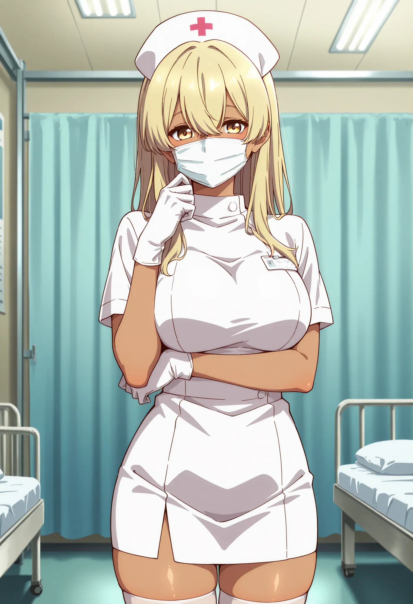 Score_9, score_8_up, score_7_up, source_anime, kana higa, solo, long hair, bangs, blonde hair, hair between eyes, yellow eyes, tanned skin, large breasts, (best quality), (high quality), {masterpiece}, extremely delicate and beautiful, ultra-detailed, beau...