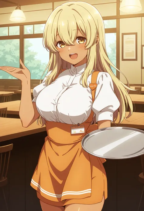 Score_9, score_8_up, score_7_up, source_anime, kana higa, solo, long hair, bangs, blonde hair, hair between eyes, yellow eyes, tanned skin, large breasts, (best quality), (high quality), {masterpiece}, extremely delicate and beautiful, ultra-detailed, beau...