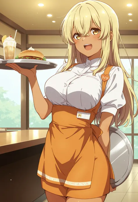 Score_9, score_8_up, score_7_up, source_anime, kana higa, solo, long hair, bangs, blonde hair, hair between eyes, yellow eyes, tanned skin, large breasts, (best quality), (high quality), {masterpiece}, extremely delicate and beautiful, ultra-detailed, beau...