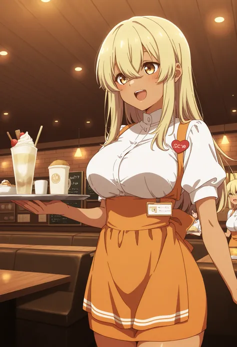 Score_9, score_8_up, score_7_up, source_anime, kana higa, solo, long hair, bangs, blonde hair, hair between eyes, yellow eyes, tanned skin, large breasts, (best quality), (high quality), {masterpiece}, extremely delicate and beautiful, ultra-detailed, beau...