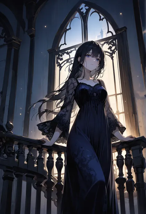 A beautiful, mysterious young woman stands gracefully on the balcony