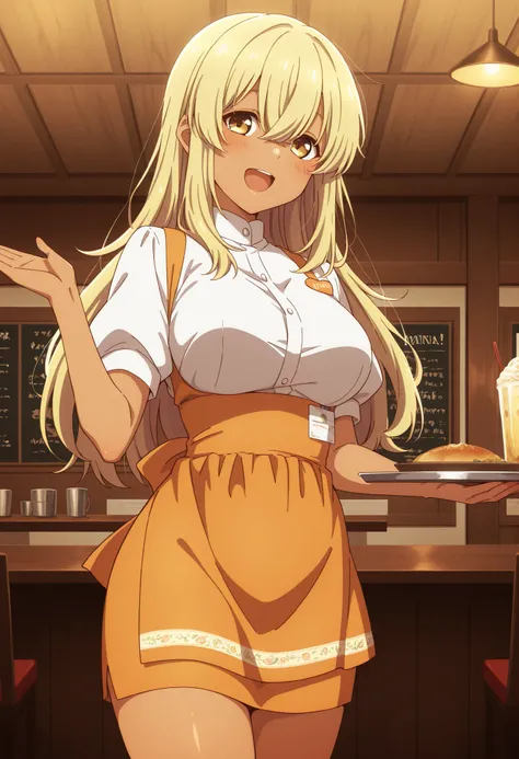 Score_9, score_8_up, score_7_up, source_anime, kana higa, solo, long hair, bangs, blonde hair, hair between eyes, yellow eyes, tanned skin, large breasts, (best quality), (high quality), {masterpiece}, extremely delicate and beautiful, ultra-detailed, beau...