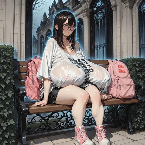 1girl, blue eyes, dark medium length hair, (obese woman), (sitting on a park bench) (wet shirt) (3/4 angle) ()(large sneakers) , (wearing kakhi shorts, oversized t shirt, small circular glasses, large pink backpack over one shoulder), () () (college campus...