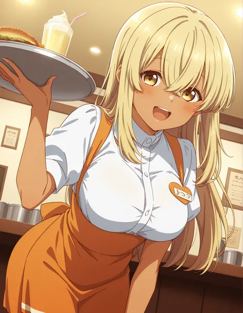 Score_9, score_8_up, score_7_up, source_anime, kana higa, solo, long hair, bangs, blonde hair, hair between eyes, yellow eyes, tanned skin, large breasts, (best quality), (high quality), {masterpiece}, extremely delicate and beautiful, ultra-detailed, beau...