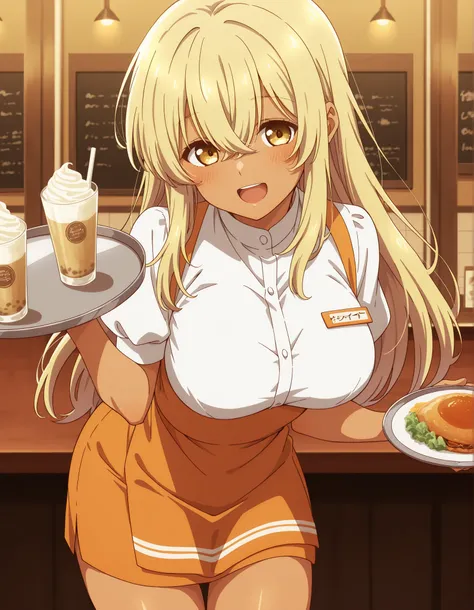 Score_9, score_8_up, score_7_up, source_anime, kana higa, solo, long hair, bangs, blonde hair, hair between eyes, yellow eyes, tanned skin, large breasts, (best quality), (high quality), {masterpiece}, extremely delicate and beautiful, ultra-detailed, beau...